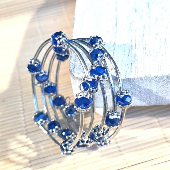 Handcrafted Crystal Wrap Bracelet With Blue Faceted Beads - Picture 4 of 7